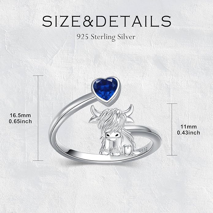 Highland Cow Ring 925 Sterling Silver Adjustable Ring Birthstone Ring Engraved Name Highland Cow Gifts Jewelry for Women