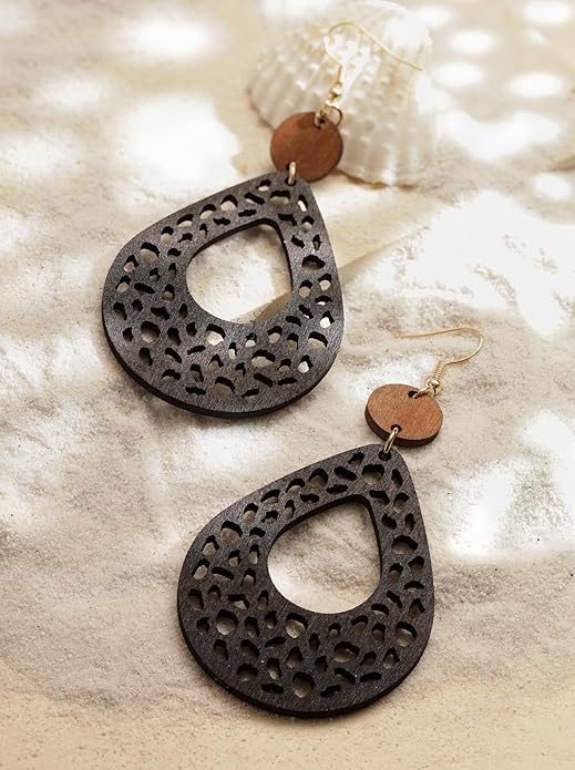 MINACHI Bohemian Hollow Cut-Out Wood Leather Dangle Drop Earrings, Boho Chic Hippie Statement Jewelry Gift for Women