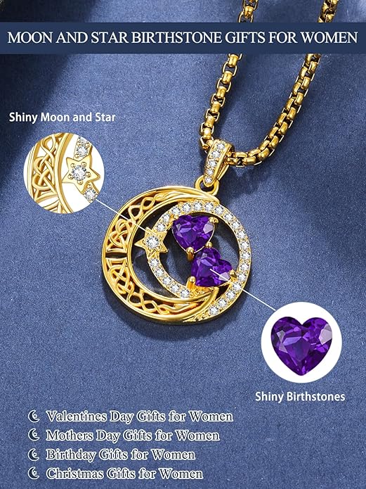 14K Gold Moon and Star Necklace Gifts for Women - Double Heart Birthstone Necklace, Valentines Wedding Anniversary Birthday Gifts for Her Wife Mom Daughter Grandma Sister