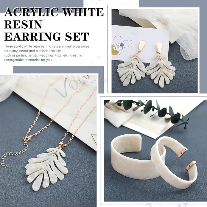 Highergo 8 Pcs Acrylic Jewelry Set Women Statement Earrings Necklace Bracelet Marble Texture Floral Necklace Set for Women