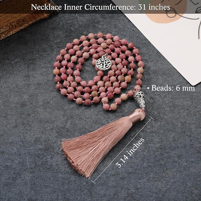 INBLUE 108 Mala Prayer Beads Wrap Necklace with Long Tassel Boho Necklace for Women Amazonite Bead Bracelet with Spiritual Tree of Life Pendant 108 Beads Necklace for Meditation