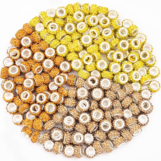 200 Pieces European Large Hole Spacer Beads, Zyehxed Yellow European Craft Beads Rhinestone Lampwork Beads Fairy Garden Beads for DIY Charms Bracelet Necklace Earring Jewelry Making Supplies