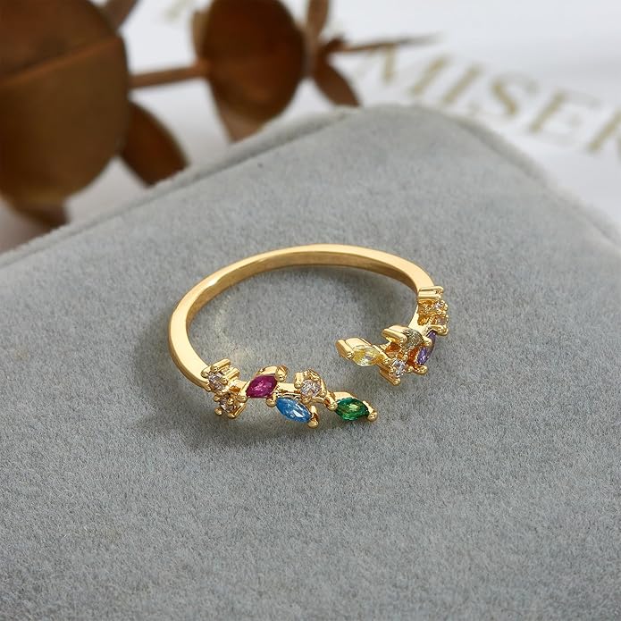 Gold Rings Non Tarnish Silver Adjustable Rings for Women Cubic Zirconia Leaf Ring Dainty Silver Stackable Ring for Women