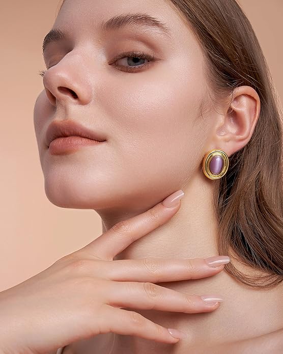 18K gold plated Medium Oval Button Chunky Statement Earrings for Women by SNGIA, (Turquoise, Carnelian, Aventurine, Amethyst, Malachite, Cat Eye, White, Cream) Bold Handmade Colored (Red, Blue, Green, White, Cream, Purple) Exaggerated Dome Retro Rounde...