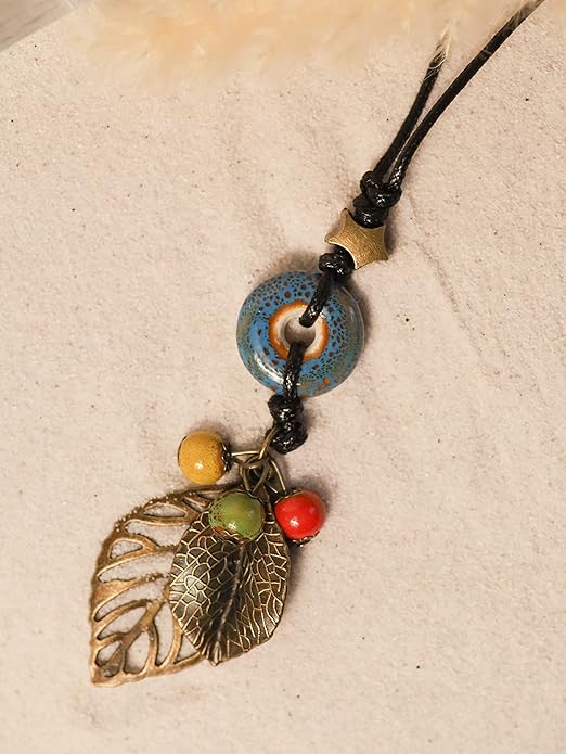 MINACHI Boho Hippie Colorful Ceramic Beads Strand O Ring Circle Charm Long Y Necklace, Vintage Bohemian Statement Jewelry Gift for Women