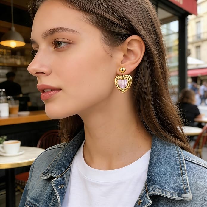 Black/White/Red/Green/Blue/Brown Heart Earrings for Women, Gold Plated Vintage Gold Earrings with Hypoallergenic Posts,Lightweight Black and Gold Dangle Statement Jewelry, Gift for Women—Girlfriend Wife Mom for Wedding, Party, Valentines Day Gifts for Her