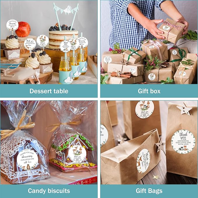 80 Pieces Cute Woodland Creature Thank You Stickers, Baby Shower Birthday Party Decorate Watercolor Forest Woodland Animals Theme Party Gift Wrap Bag Label Decorations, 4 Design Stickers