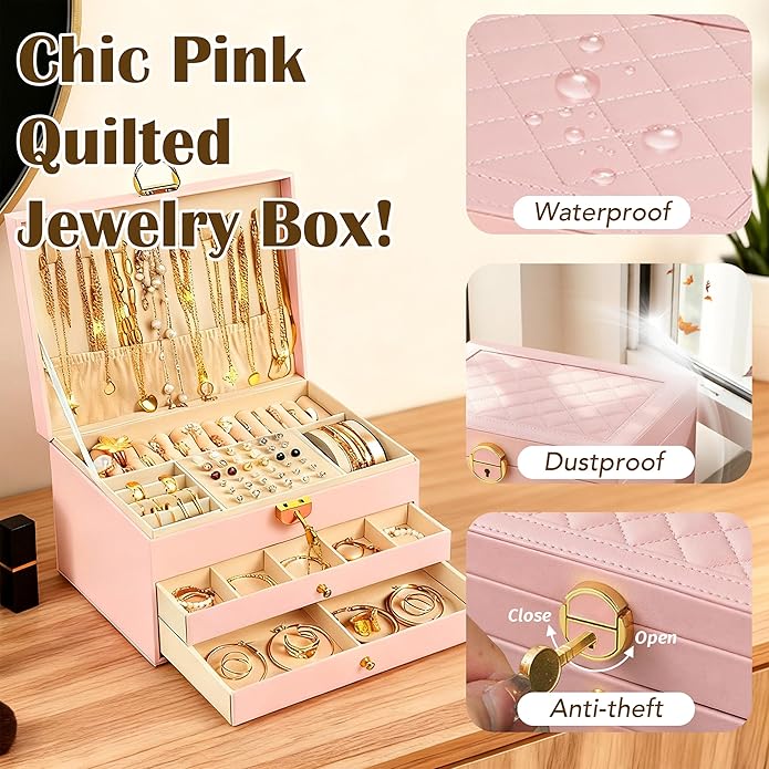 SMUOBT Jewelry Box with Jewelry Set for Women Men - Large Multi-Layer Jewelry Organizer Storage Case with Drawers, Necklace Bracelet Hoop/Stud Earrings Rings Gift Set for Her Him, Unique Birthday Party Gift (Gold/Black Silver)