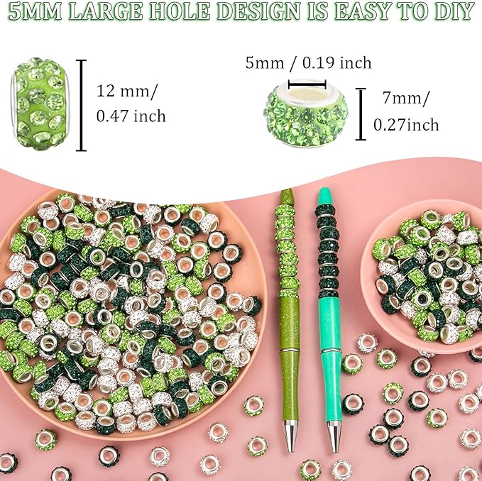 200 Pieces European Large Hole Spacer Beads, Green European Craft Beads Rhinestone Lampwork Beads Fairy Garden Beads for DIY Charms Bracelet Necklace Earring Jewelry Making Supplies