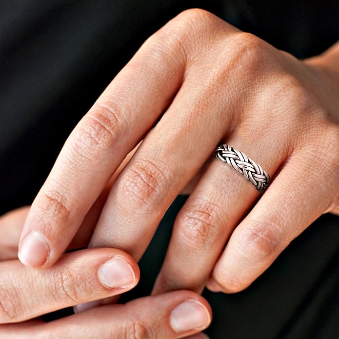 AeraVida Hand Crafted Woven Braid 7 mm Band Sterling Silver Ring | Handcrafted Sterling Silver Rings | Woven Rings for Women | Comfort Fit US Sizes 6-14