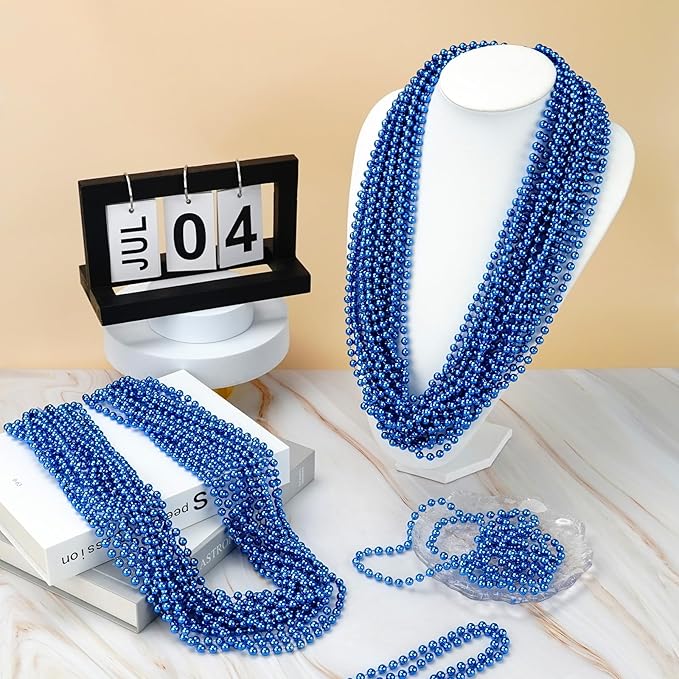 YAXINRUI 72 PCS Blue Bead Necklace, Blue Mardi Gras Beads Christmas Necklaces, Patriotic Necklace, 33 Inch Round Beaded Necklaces for Mardi Gras Christmas 4th of July Festive Events