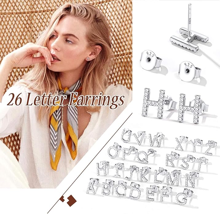 Silver Letter Stud Earrings for Women with Alphabet H Solid Silver Ear Jewelry for Sensitive Ears Wearing