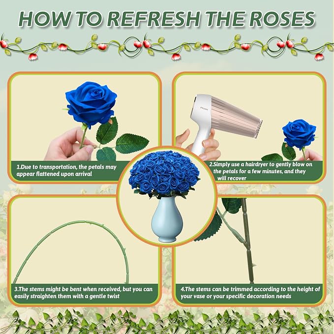 50 PCS Fake Blue Roses, Artificial Blue Flowers, Realistic Silk Faux Roses | - Image 5