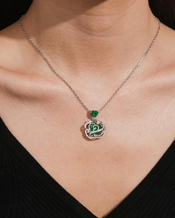 FANCIME Thornless Pulse Heart Birthstone Necklace for Women Sterling Silver Rose Pendant Fine Jewelry Gemstone Birthday Valentines Day Gifts for Wife Her