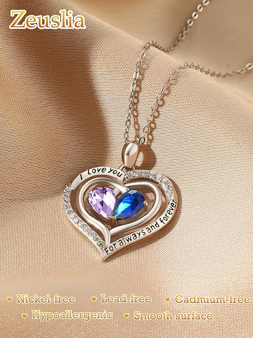 Valentine's Day Gifts for Wife 925 Sterling Silver Double Birthstone Pendant Necklaces I Love You for Always and Forever Necklace Anniversary Birthday Gifts for Wife Girlfriend Mom Her