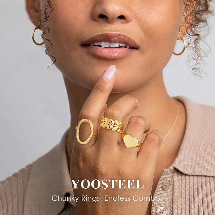 YOOSTEEL Valentines Day Gifts for Her Womens Chunky Gold Rings - 12 PCS Hypoallergenic 14K Gold Plated Thick Stackable Open Rings for Women Non Tarnish Dainty Gold Adjustable Ring Stack Set Trendy Jewelry
