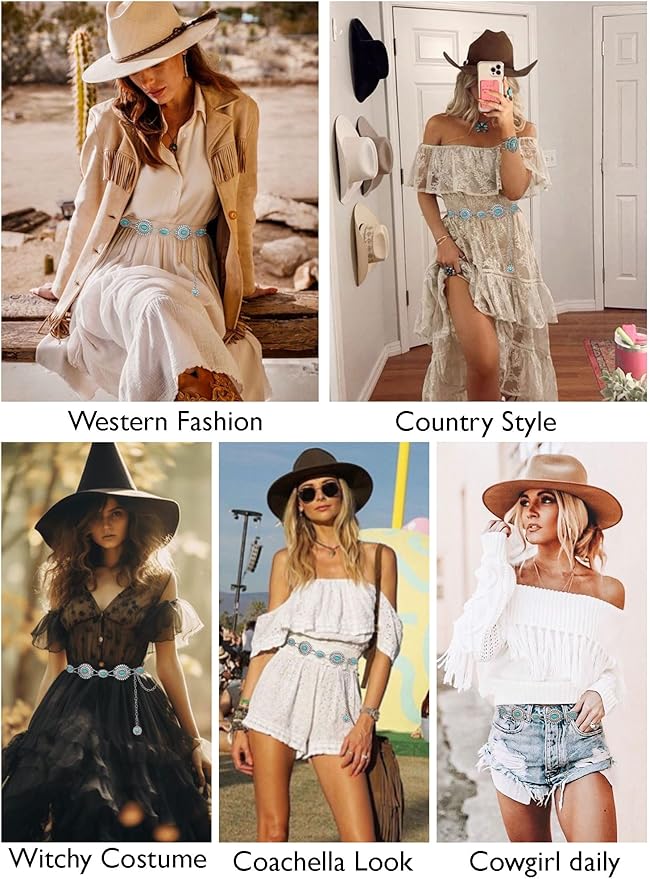 FIORETTO Metal Waist Chain Link Belt for Women Western Cowgirl Boho Turquoise Belts for Dress Jeans Country Concert Outfit