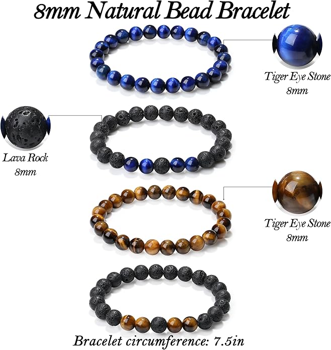 XIANNVXI Natural Stone Beads Bracelet for Men Crystal Bracelets 8MM Tiger Eye Lava Rock Obsidian Beaded Bracelet Set Black/Red/Blue Crystal Beaded Bracelets for Men