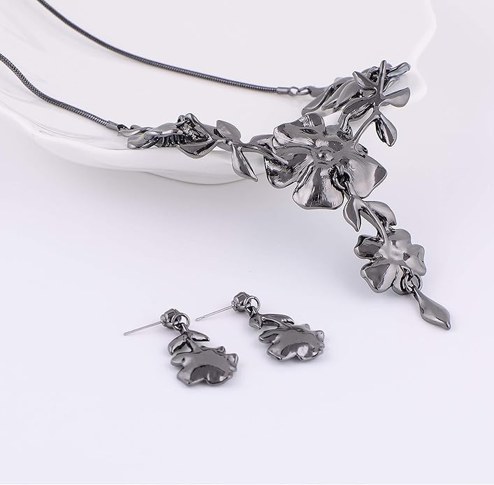 AMYJANE Vintage Statement Jewelry Set - Spring Leaf Flower Floral Plant Necklace Earring Set Crystal Rhinestone Fashion Costume Jewelry for Women Prom Party Unique Gift
