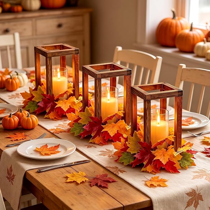 18 Pcs Wooden Lantern Centerpieces, Fall Table Decor | Maple Leaves Candles - Image 4
