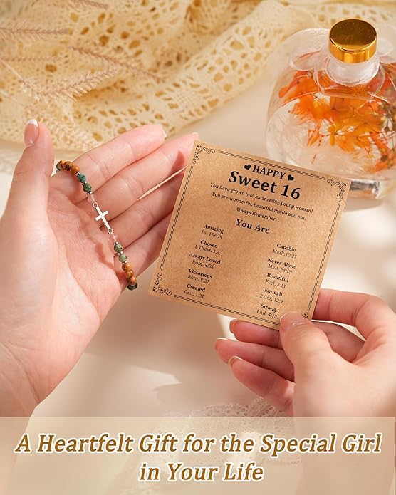 Cross Bracelet for Girls 10 13 16 Year Old Birthday Gifts, Natural Stone Adjustable Christian Jewelry with Inspirational Card for Daughter Granddaughter Niece