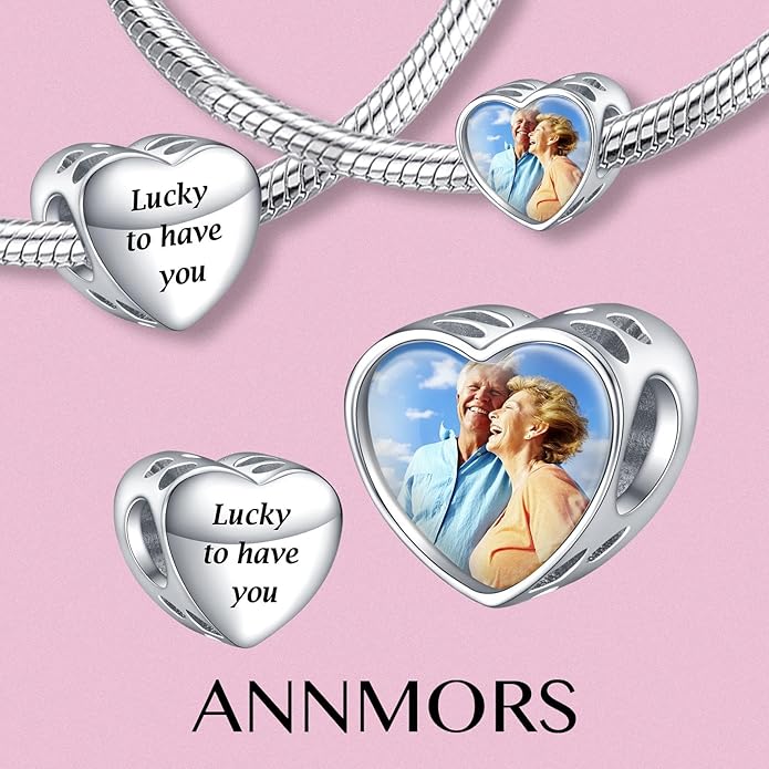 Annmors Personalized Photo Charms For Bracelets/Necklace 925 Sterling Silver Love Heart Shaped Engraved Customize Picture Gift for Birthday Mother's Day,Bead Charms Jewelry for Women
