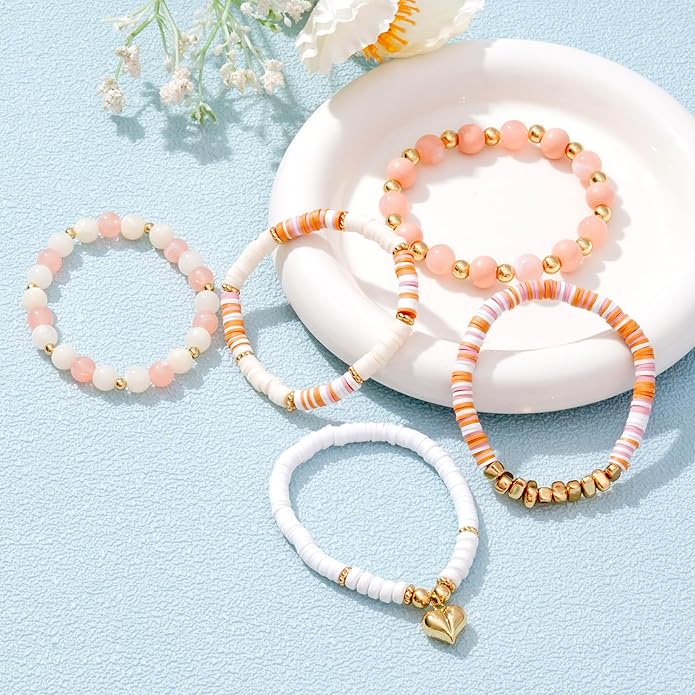 Heishi Beaded Stretch Bracelets for Women Stackable Polymer Clay Beads Bracelets Friendship Boho Summer Beach Bracelet Jewelry Set