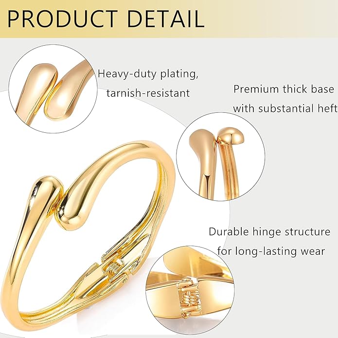 Eioi & Lmnm Gold Bangle Bracelets for Women, Chunky Gold Cuff Bracelet, Hinged Waterdrop Bangle, Statement Bracelet, Trendy Jewelry for Women