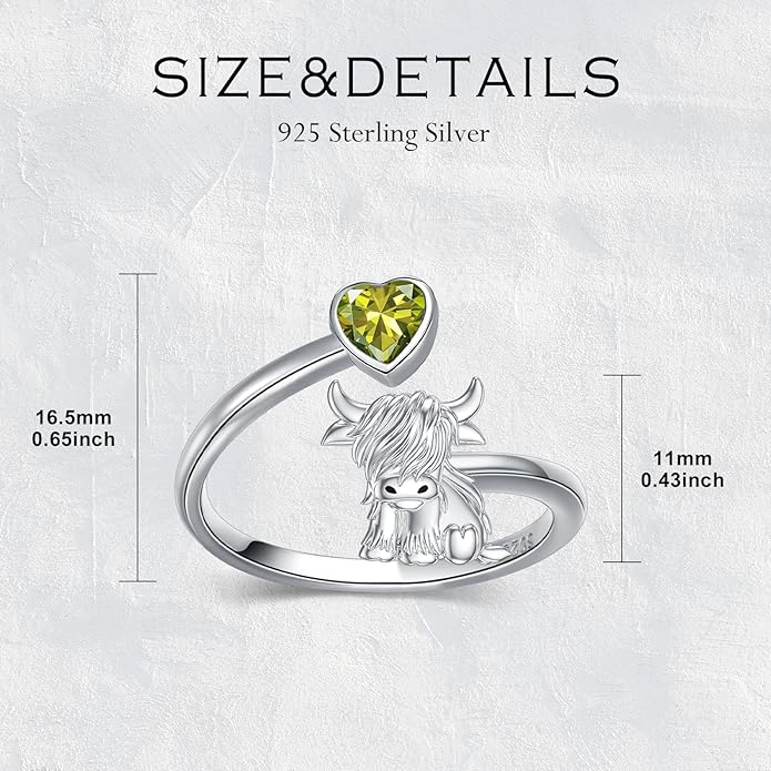 Highland Cow Ring 925 Sterling Silver Adjustable Ring Birthstone Ring Engraved Name Highland Cow Gifts Jewelry for Women