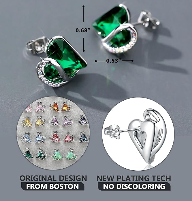 Leafael Infinity love Heart Birthstone Stud Earrings for Women, Valentine's Day Gifts for Mom, Wife, and Her, Silver Plated Birthday Jewelry
