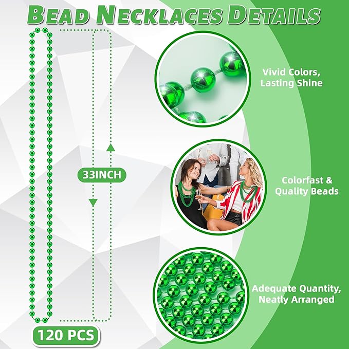 YAXINRUI 120 PCS St. Patricks Day Necklaces, Green Mardi Gras Christmas Bead Necklaces, 33" St. Patrick's Day Green Beads St. Patricks Day Accessories for Mardi Gras, St. Patricks Day Party Favors