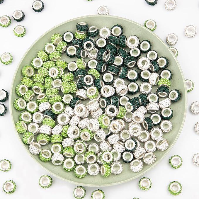 200 Pieces European Large Hole Spacer Beads, Green European Craft Beads Rhinestone Lampwork Beads Fairy Garden Beads for DIY Charms Bracelet Necklace Earring Jewelry Making Supplies