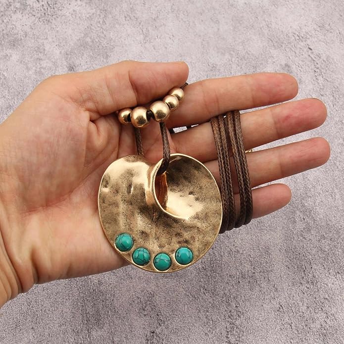 Boho Necklaces for Women Chunky Circle Necklace Layered Boho Circle Leather Choker Necklace Long Vintage Necklaces Bohemian Jewlery Gifts