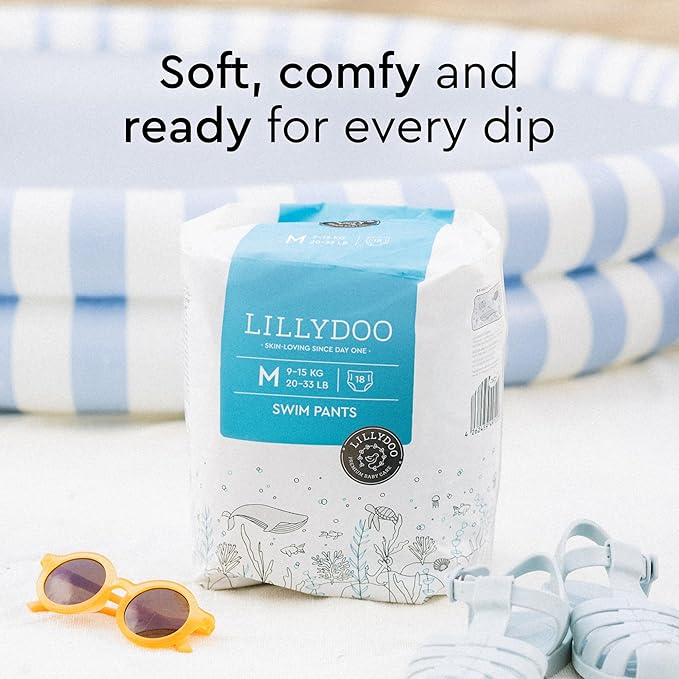 LILLYDOO Baby Swim Diapers - Size Medium (20-33 lbs), Half-Monthly Supply (36 Count), Blue Whales Design, Skin-Friendly, Perfume- & Chlorine-Free, Hypoallergenic, Dermatologist Tested, Oeko-TEX®