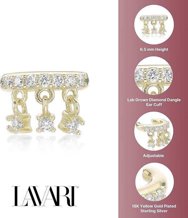 Lavari Jewelers 1/10 Carat Lab Grown Diamond Dangle Ear Cuff for Women - 18k Yellow Gold Plated 925 Sterling Silver Diamond Ear Wrap for Her - Hypoallergenic Jewelry - Elegant Simplicity