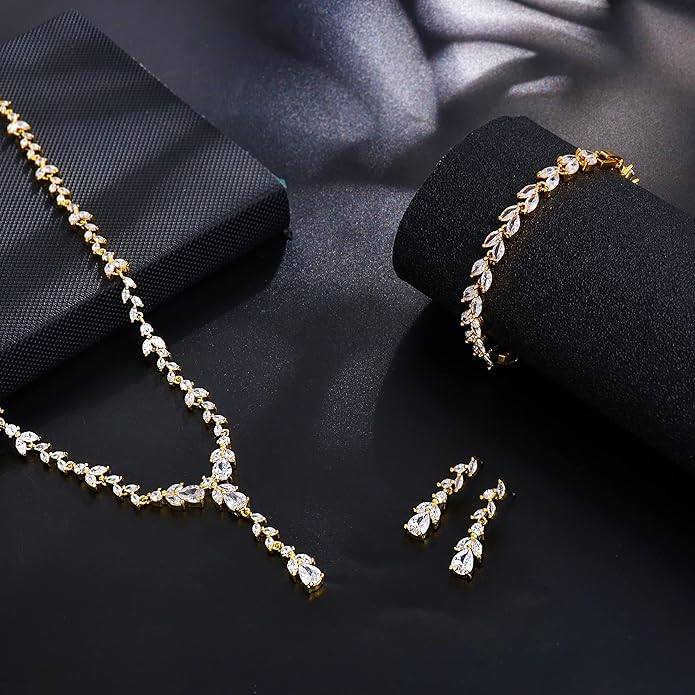 Bridal Wedding Jewelry CZ Set Marquise Teardrop Cubic Zirconia Pendant Necklace and Dangle Earring Bracelet Sets for Women