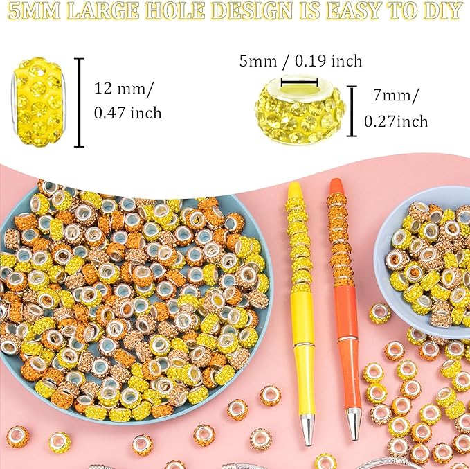 200 Pieces European Large Hole Spacer Beads, Zyehxed Yellow European Craft Beads Rhinestone Lampwork Beads Fairy Garden Beads for DIY Charms Bracelet Necklace Earring Jewelry Making Supplies