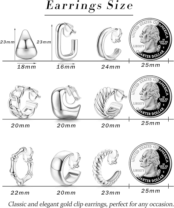 THUNARAZ 9 Pairs Clip on Earrings for Women 14K Gold Plated Chunky Hoop Clips Earring Trendy Clip on Hoop Earrings for Women Non-Pierced Fake Jewelry