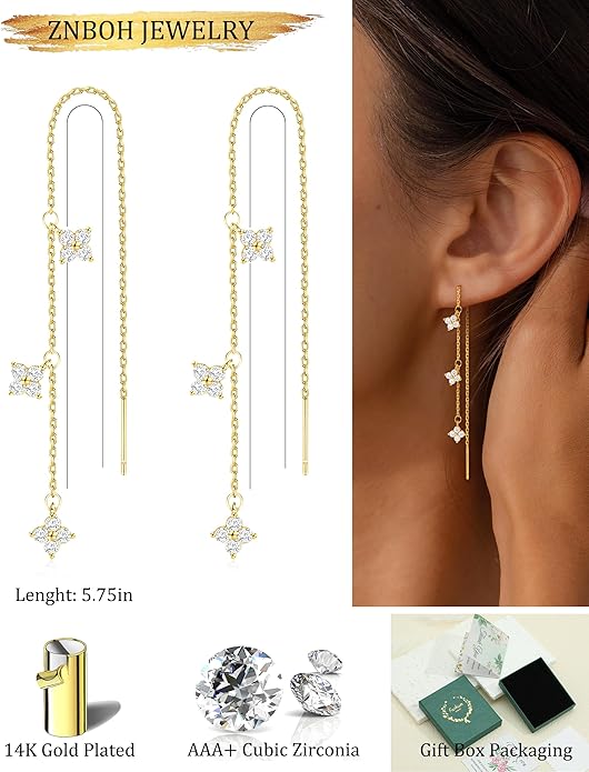 Gold Silver Dangle Earrings for Women Trendy 14K Gold Plated Drop Long Threader Chain Dangling Earring Hypoallergenic Pearl Butterfly Flower Clover CZ Wedding Earrings for Brides Jewelry Gifts