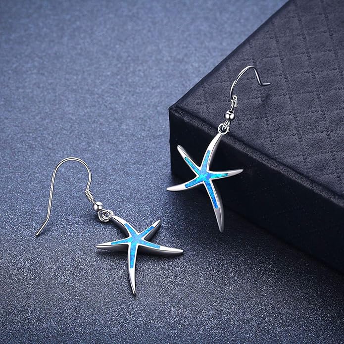 925 Sterling Silver Starfish Earrings With Opal Fish Hoops, Nautical Hawaiian Sea Beach Jewelry for Women and Starfish Lovers