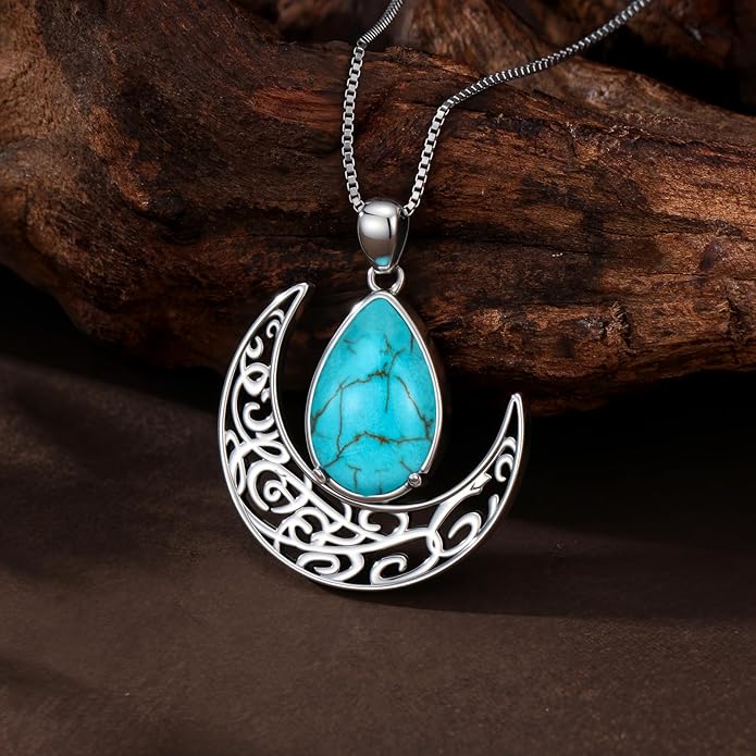 RMREWY Genuine Turquoise Crescent Moon Teardrop Pendant Necklace,925 Sterling Silver Native American Boho Western Dainty Pendant Real Gemstone Jewelry Birthdays Gift for Women Moon Lover