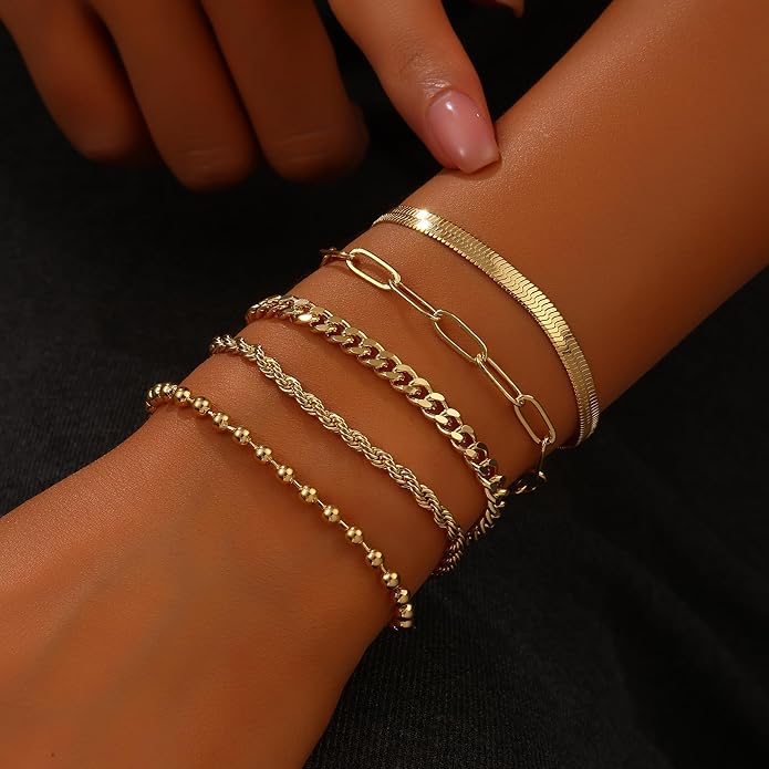 Gold Bracelets for Women, 18K Gold Plated Dainty Paperclip Link Chain Bracelets Thin Cute Stackable Bracelet Pack Fashion Accessories Gifts for Women