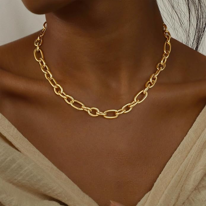 Gold Necklace for Women - Chunky 14K Gold Plated Chain Necklace Cuban Link Paperclip Chain Herringbone Statement Choker Necklace for Women Simple Trendy Jewelry Gifts