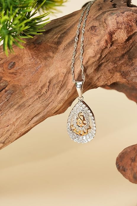925 Sterling Silver Teardrop Pendant Necklace for Women, Sparkling CZ Halo with Gold-Tone Honeycomb Center, Elegant Water-Wave Chain Jewelry Gift