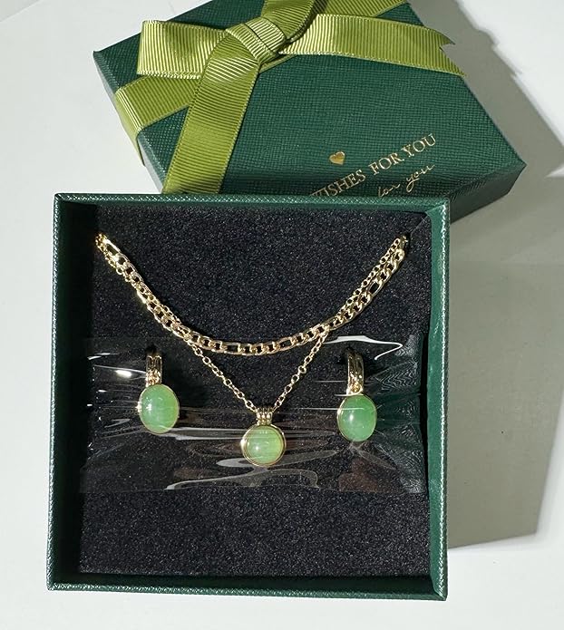 DISTANT DRUMS Simple Natural Green Aventurine Stone Jewelry Set for Women,Hoop Earrings,Bracelet,Necklace,18K Gold-plated Spiritual Gift,Fortunate Stone Jewelry,Choker