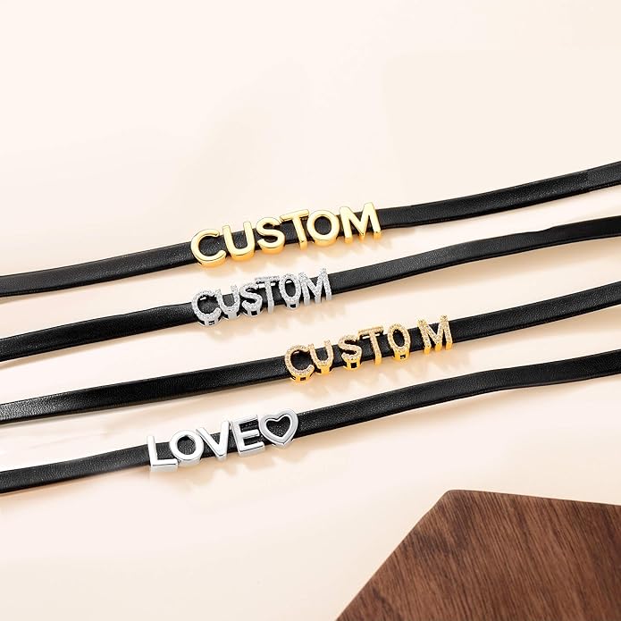 Custom4U Personalized Black Leather Choker Necklace with Picture/Name/Initials/Letters Charm,Custom Made Adjustable Choker Collar Gothic Punk Necklaces Jewelry Gifts for Women