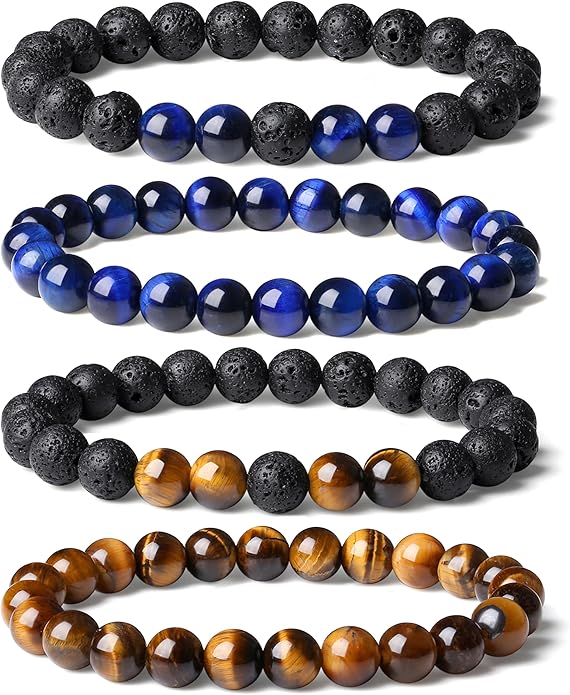 XIANNVXI Natural Stone Beads Bracelet for Men Crystal Bracelets 8MM Tiger Eye Lava Rock Obsidian Beaded Bracelet Set Black/Red/Blue Crystal Beaded Bracelets for Men