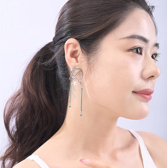 Unique Abstract Face Art | Dangle Statement Long Earrings for Women | Rhinestone Tassel Handmade Chandelier Earrings
