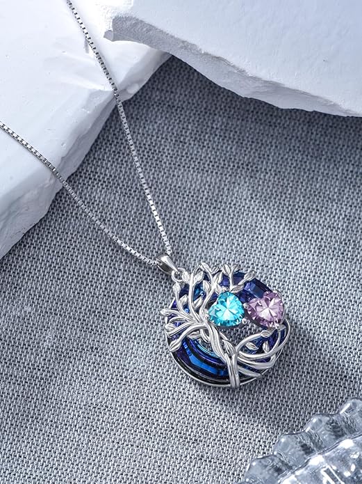 TOUPOP s925 Sterling Silver Family Celtic Tree of Life Pendant Necklaces with 2 Heart Birthstone with Blue Austrian Crystal Jewelry Birthday Valentines Day Gifts for Her, Anniversary Christmas Gifts for Wife Girlfriend Mom (18K Real White Gold Filled)