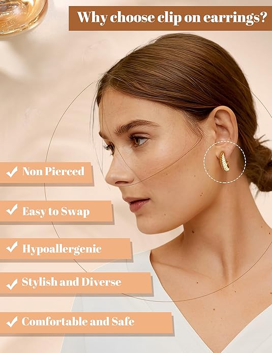 BESTEEL 3Pairs Clip on Earrings for Women Trendy Hypoallergenic 14K Gold Plated Chunky Tube Croissant Waterdrop Clip-on Hoop Earrings Set Fake Jewelry Non Pierced Ears